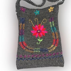 • Natural Life Black & White With Floral Embroidery Mini Crossbody  Bag •